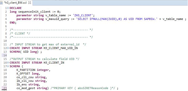 Exemple de code CCL d'un flux SAP HANA Streaming Analytics