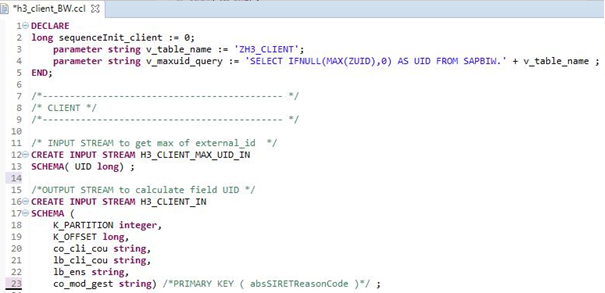 Example of CCL code from an SAP HANA Streaming Analytics stream