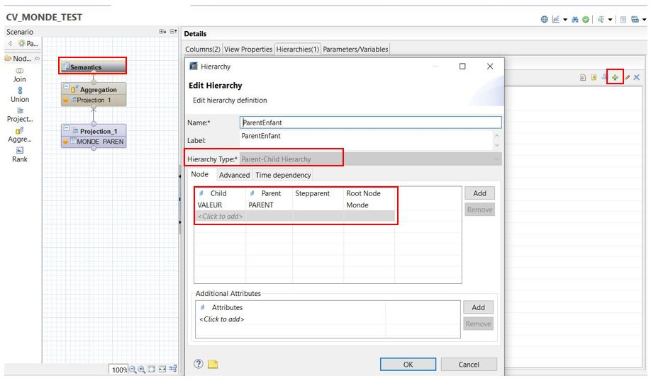 Screenshot from Hana Studio to illustrate how to create a Parent-Child hierarchy