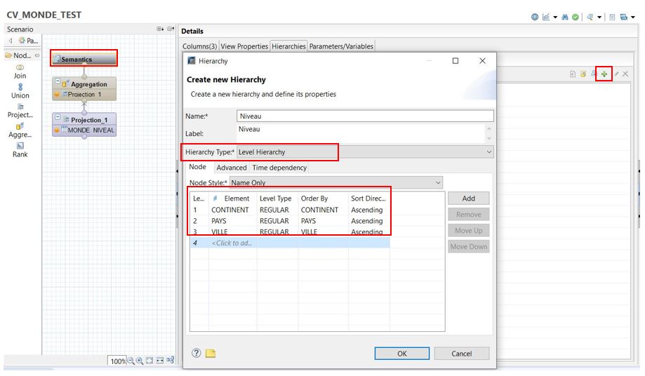 Screenshot from Hana Studio to illustrate how to create a hierarchy by level