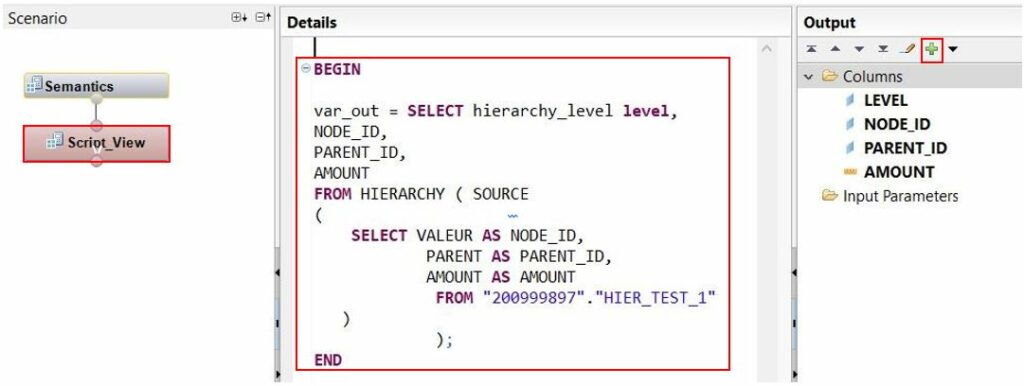 Capture d'écran de l'Hana studio montrant une vue de type Script avec le code faisant appel à la fonction Hierarchy