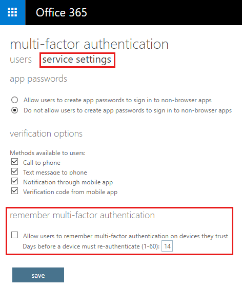 Paramètres de sécurité MFA dans Office 365 avec options de vérification et mémorisation sur appareils de confiance.